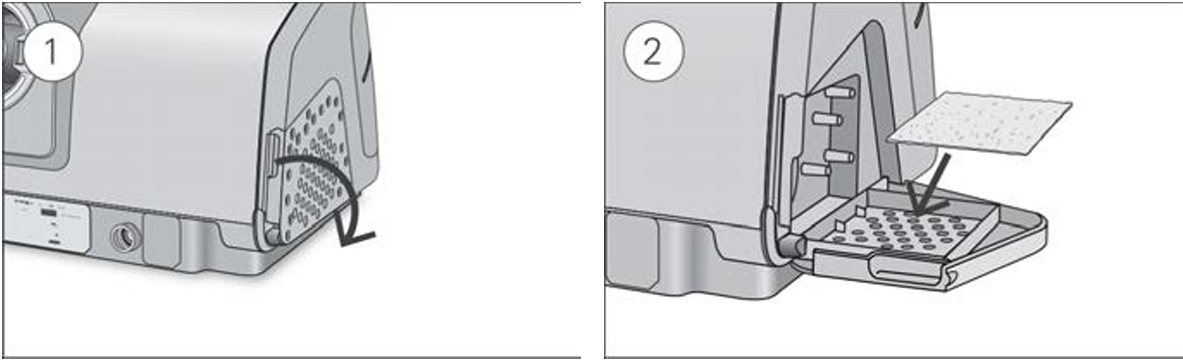 Diagram showing how to replace the AirSense 10 air filter:
1. Open the air filter cover and remove the old air filter. The air filter is not washable or reusable.
2. Place a new air filter onto the air filter cover and then close it, making sure the filter is fitted at all times to prevent water and dust from entering the device.