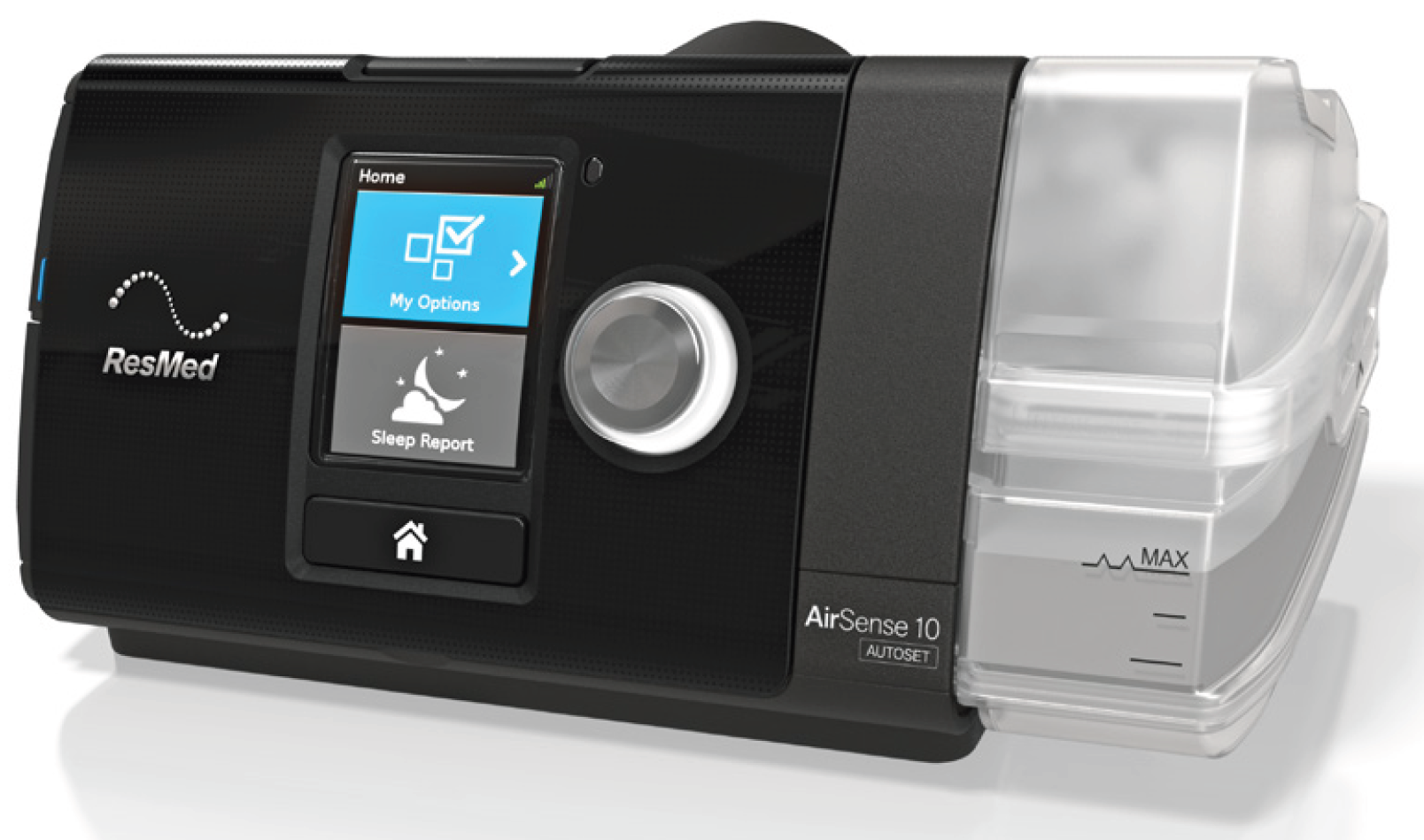Front view of the AirSense 10 CPAP device with screen, control dial, Start/Stop button, and integrated HumidAir humidifier.