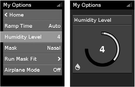 Humidity Level setting screen showing adjustment using the control dial.