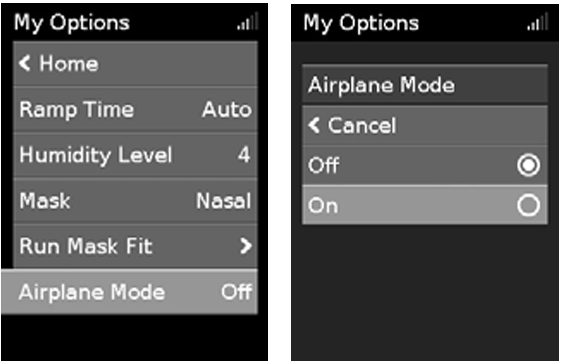 Diagram showing how to turn on Airplane Mode:
1. In My Options, turn the dial to highlight Airplane Mode, then press the dial.
2. Turn the dial to select On and press the dial to save the change.